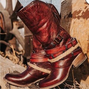 Freebird by Steven Drove Leather Riding Boot Braided Twine Buckles Rare Red 6